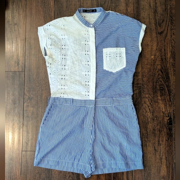 EUC Zara Basic S 100% Cotton Pinstripe Eyelet Button Down Zip Fly Jumpsuit - Picture 1 of 10